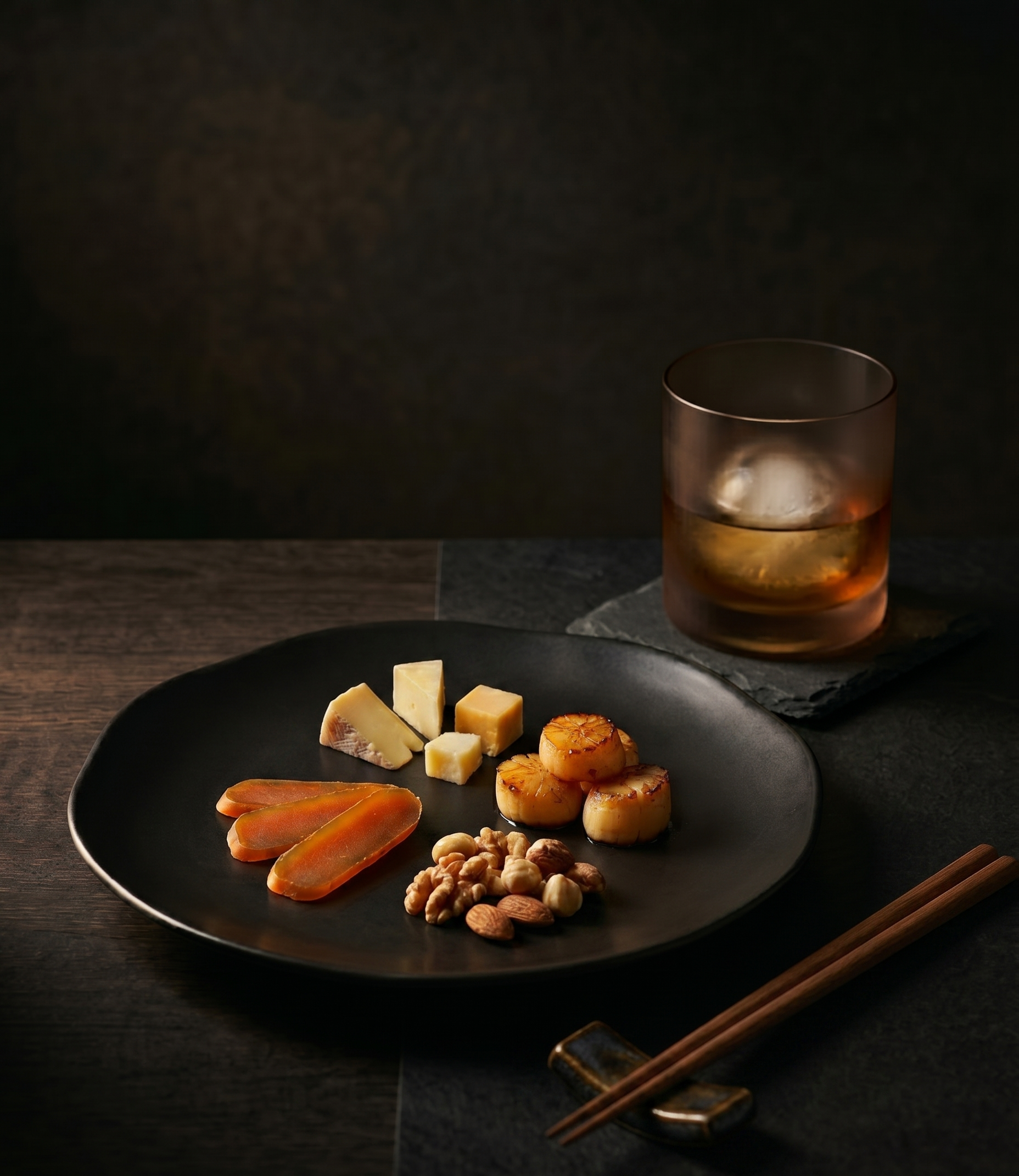 黑盤佐酌小食與威士忌